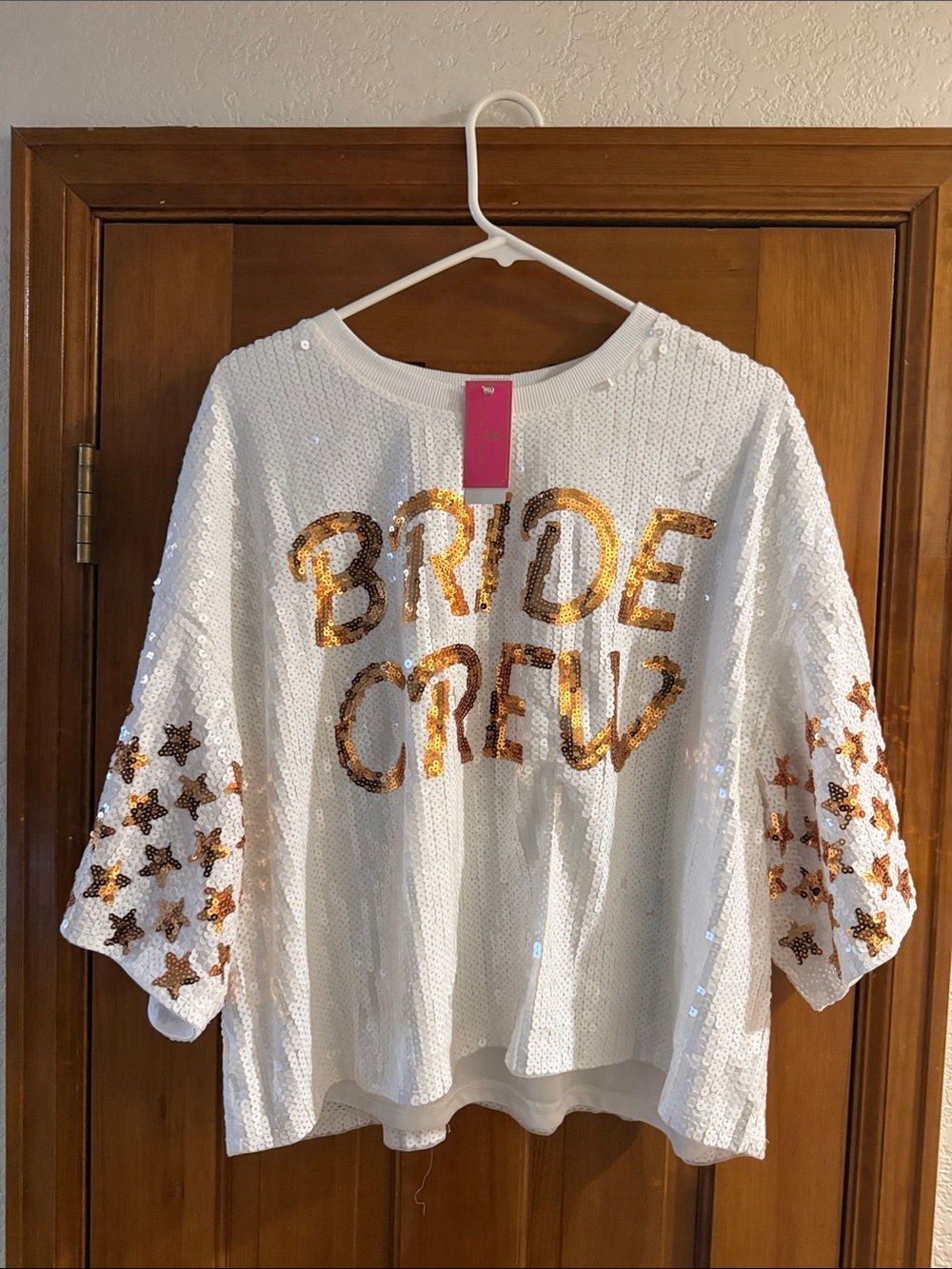 Sequin 'Bride Crew' White Top with Gold Accents